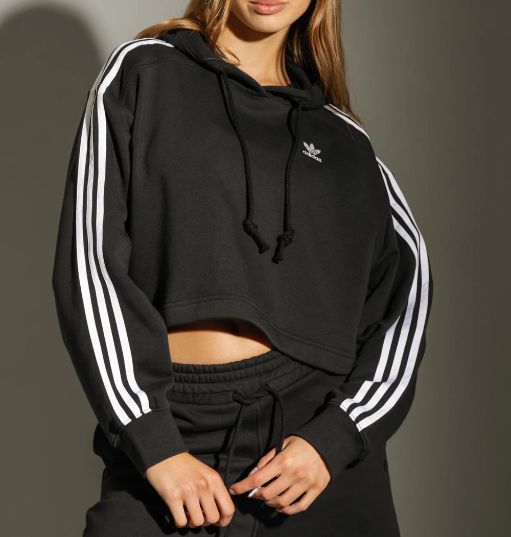 NWT Adidas Cropped Hoodie Sweatshirt Womens S Black Pullover ED7554 Activewear